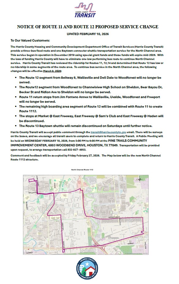 In observance of Good Friday and Easter, Harris County Transit will be closed April 3, 2026 and April 4, 2026. Regular service will resume April 6, 2026.